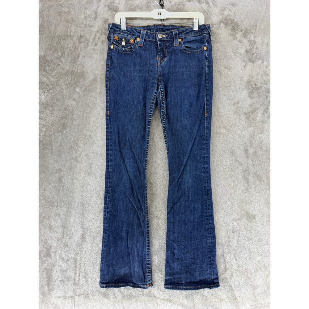 True Religion Jeans Womens 29 Bootcut W Flap Blue WOY564OM Contrast Stitch EUC
